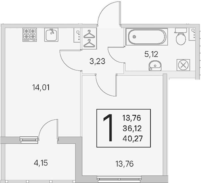 1-комнатная квартира 36.12 м², 1/4 эт., ЖК «Любоград в Стрельне»